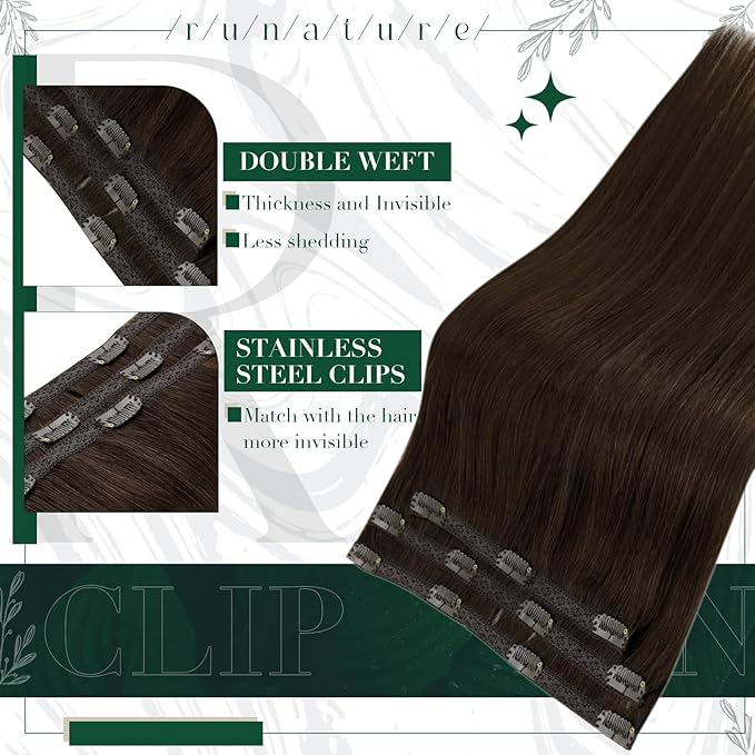 RUNATURE Brown Clip in Hair Extensions, Real Human Hair Clip in Extensions 20 Inch, Long Hair Extensions Clip Ins, Double Weft Remy Natural Hair, Add Hair Length, 50g 3pcs #2 Dark Brown