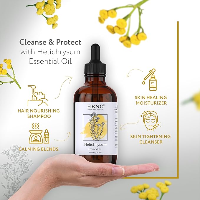HBNO Helichrysum Oil - Huge 4 oz (120ml) Value Size - Ideal for Perfumes, Home Fragrances, Reed Diffusers, Lotions, Car Fresheners and Skin Care Products.