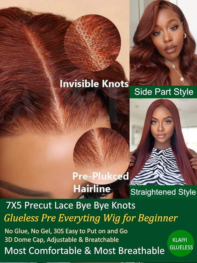 KLAIYI Bye Bye Knots Glueless Wig Reddish Brown Body Wave 7x5 Pre Cut HD Lace Front Wigs Human Hair Put On And Go Wig Pre Bleached Pre Plucked with Baby Hair 30S Ready To Wear 150% Density Full 20Inch