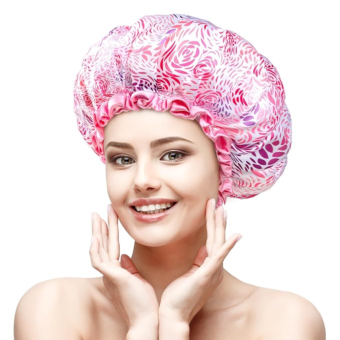 mikimini Medium Shower Cap for Women 2 Pack, Double Layer Waterproof, Reusable, Washable, Romantic Petal Design, Floral Print