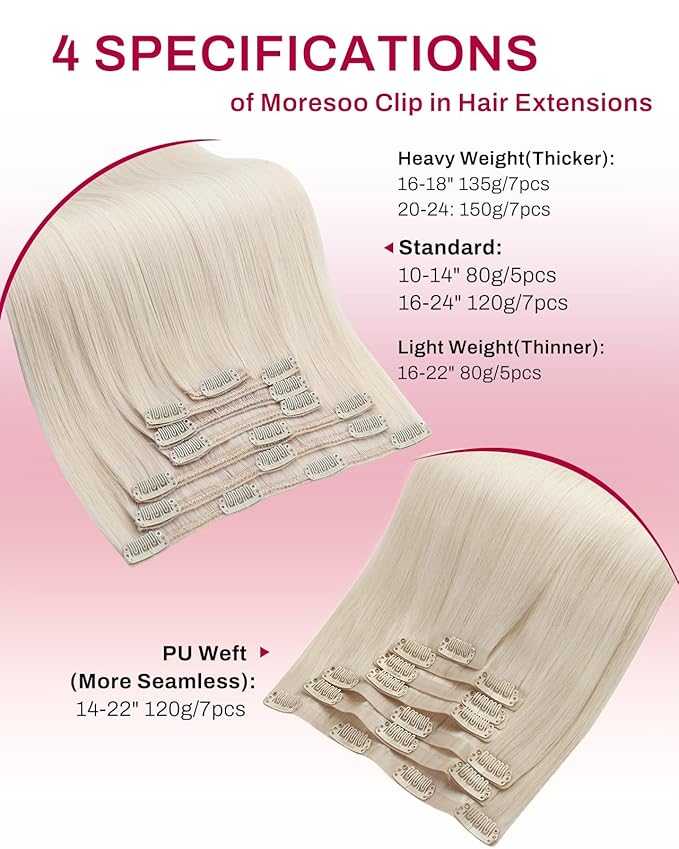 Moresoo Seamless PU Clip in Hair Extensions Real Human Hair 120g White blonde Human Hair Clip in Extensions Thick 18inch 7pcs to add volume for women daily use
