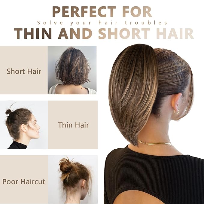 Claw Clip Ponytail Extension - 10 Inch Short Ponytail Extension, Straight Pony Tails Hair Extensions, Synthetic Hair Extensions Ponytail, Clip On Ponytails for Women (Light Brown with Golden Ends)