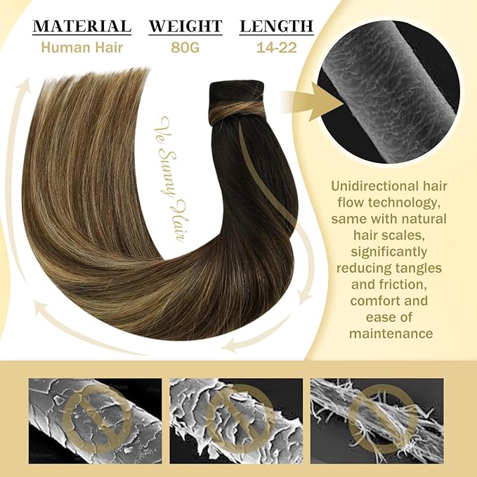 Ve Sunny Hair Extensions Ponytail Real Human Hair Wrap Around Clip in Ponytail Hair Extensions Straight Extensions Human Hair for Women Black Ombre Dark Brown Balayage Caramel Blonde 18inch 80G