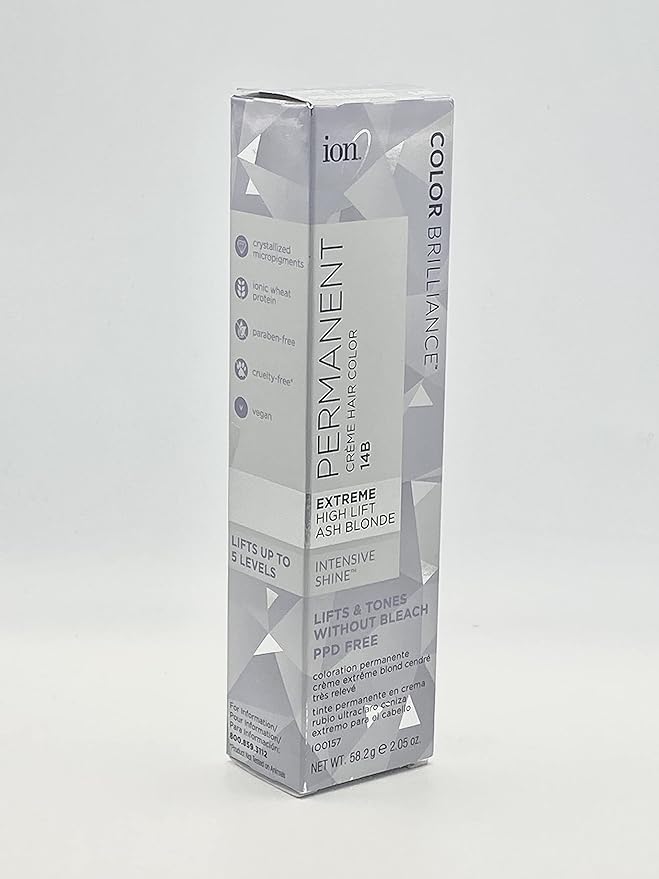 Ion 14B Extreme High Lift Ash Blonde Permanent Cream Hair Color, Paraphenylenediamine Free, Nourishing, 100% Gray Coverage, For All Hair Types, 2.05 Ounce