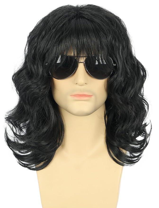 karlery California 70s 80s Rocker Wig Men Women Long Curly Black Halloween Costume Wig
