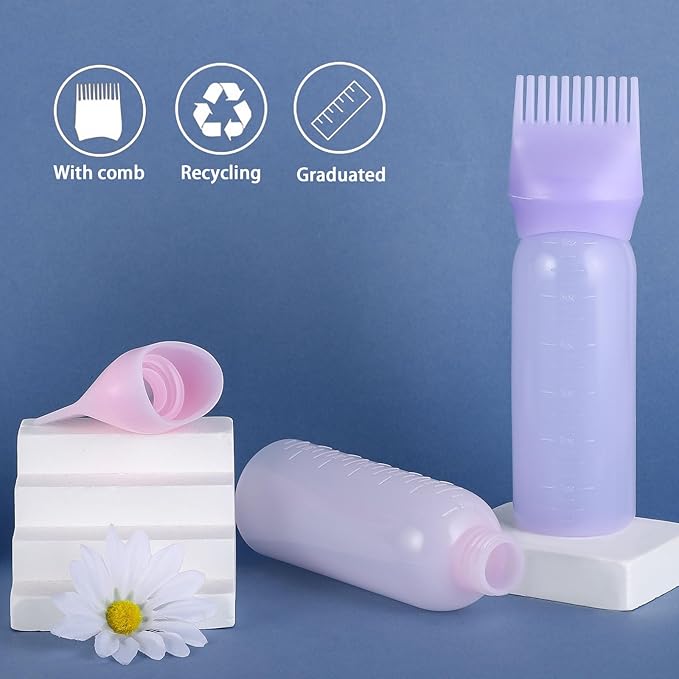 Pimoys Root Comb Applicator Bottle 6 Ounce, Oil Applicator for Hair Dye, Hair Oiling Bottle Brush with Graduated Scale, Purple