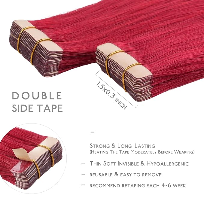 WENNALIFE Tape in Hair Extensions Human Hair, 20pcs 50g 22 inch Red Remy Hair Extensions Straight Human Hair Tape in Extensions Tape Ins Straight Extensiones De Cabello Humano Skin Weft