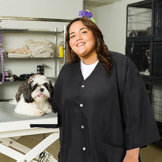 Noverlife Hair Salon Smocks Cape for Clients, Plus Size Salon Client Gown Robes Cape with 2 Pockets & Adjustable Tie, Waterproof Salons Robes Smock, Hair Stylist Dog Grooming Smock (43'' Long, Black)