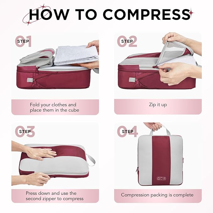 10 Set Compression Packing Cubes for Travel Essentials,Compressible Expandable Packing Cubes for Suitcase,OlarHike Luggage Organizer Bags for Travel,Handy Helper for Organizing Clothes(Wine Red)