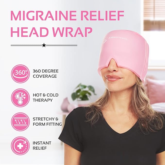 Migraine Relief Cap Ice Head Wrap Headache and Migraine Hat | Headache Relief with Hot/Cold Gel Head Ice Pack with Face and Eye Headache Mask Compress, Pink