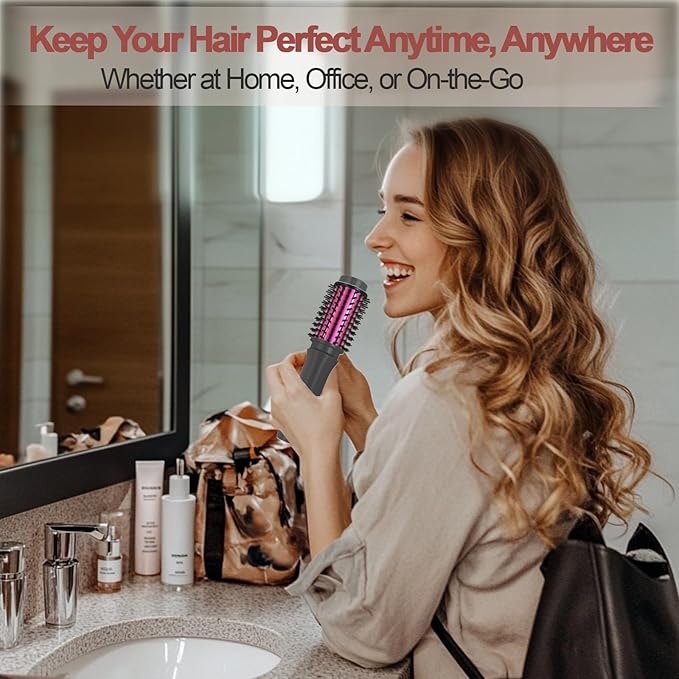 Youbella Cordless Hair Curling Iron Brush, Mini Travel Hot Straightener Comb, 3-in-1 Portable Wave Curling Wand, 1.5″ Ionic Heated Brush, USB Rechargeable Hair Curler, Matte Gray