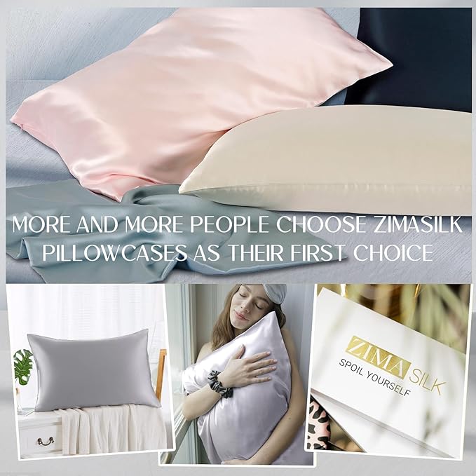 ZIMASILK 100% Pure Mulberry Silk Pillowcase for Hair and Skin Health,Soft and Smooth,Both Sides Premium Grade 6A Silk,600 Thread Count,with Hidden Zipper,1pc(Standard 20''x26'',Silver Grey)