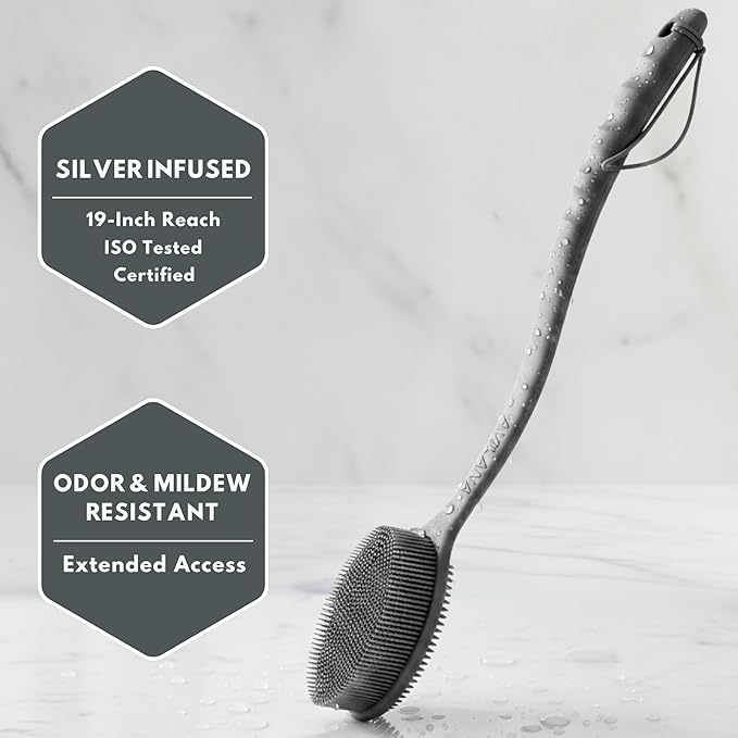 Silver Infused Long Handle Back Scrubber - 19 inch Premium Extended Reach Body Brush - Avilana Advanced Material Bath Tool Easy Grip - Luxury Body Wash Brush Gift