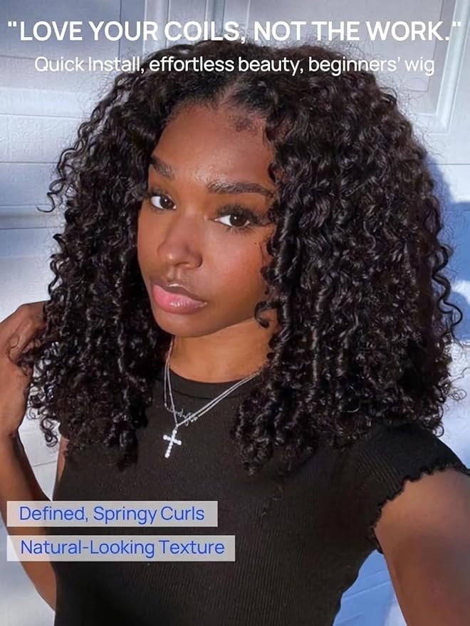 Julia Hair 7x5 Lace Water Curly Texture Wig With Finger Coil Ends Glueless Wigs Human Hair Put On and Go Invisible Lace Pre Plucked Pre Cut Bleached Knots Natural Hairline 24 Inch