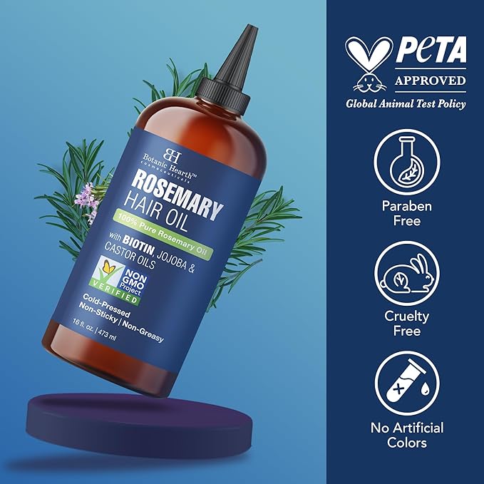 Botanic Hearth Rosemary Oil for Hair Growth | Strengthening Biotin, Jojoba, Castor Hair Growth Oil for frizzy hair | Dry, Damaged Scalp Treatment | Color Safe | All Hair Types | 16 Fl Oz