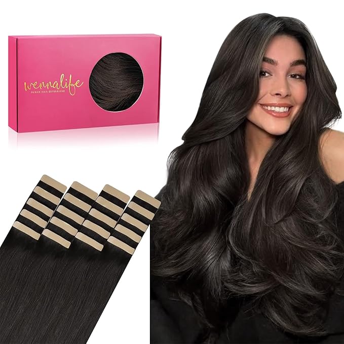 WENNALIFE Tape in Hair Extensions Human Hair, 20pcs 50g 16 inch Dark Brown Remy Hair Extensions for Women Tape Ins Straight Extensiones De Cabello Humano Skin Weft