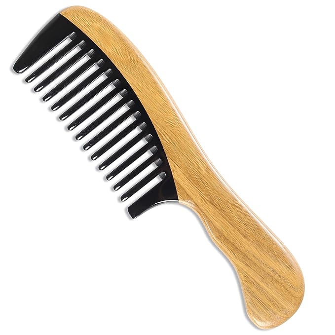 Onedor Handmade Green Sandalwood Buffalo Horn Wide Tooth Hair Combs - Anti-Static Scented Wooden Detangler Combs