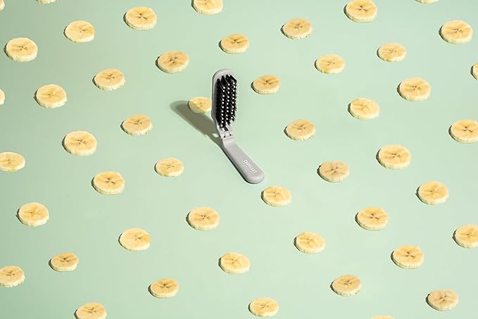 Uffy MiniPop Travel Hair Brush – Mini Folding Boar Bristles for Women, Men & Kids | Kid-Friendly Portable Purse Brush for Wet & Dry Hair, Curly or Straight | Pocket-Size Detangler – Soft Grey