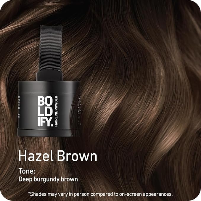 BOLDIFY Hairline Powder - Root Touch Up Hair Color for Gray Coverage - Bald Spot Concealing Hair Powder for Women & Men - 24-Hour Stain-Proof - Hazel Brown