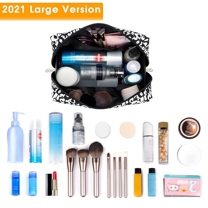 Narwey Cute Cheetah Makeup Bag Travel Cosmetic Bag Organizer Toiletry Bag Make Up Bags with Compartments for Women Girls (Large, Black Leopard)