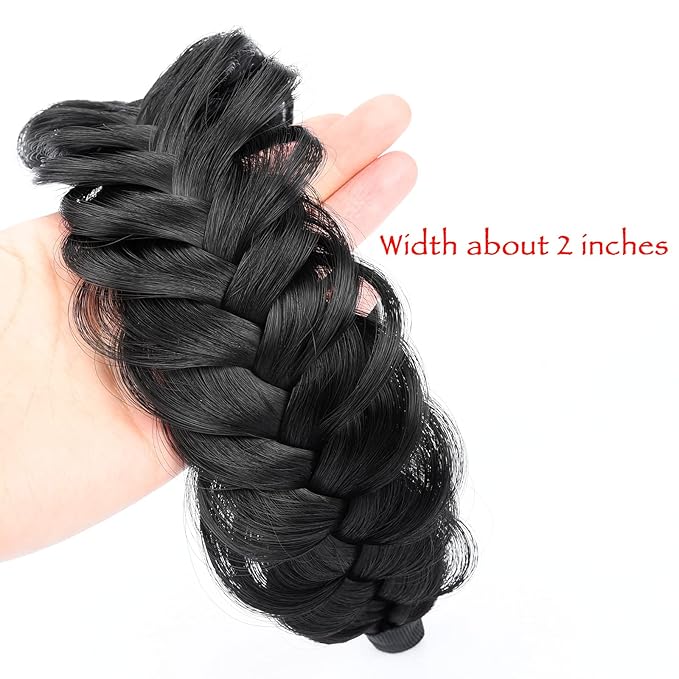 DIGUAN Wide Messy Braided Headband With Teeth Synthetic Hair Plaited Headband High Elasticity Braids Chunky Fishtail Braided Hair Band Hairpiece for Girls Women (Natural Black)