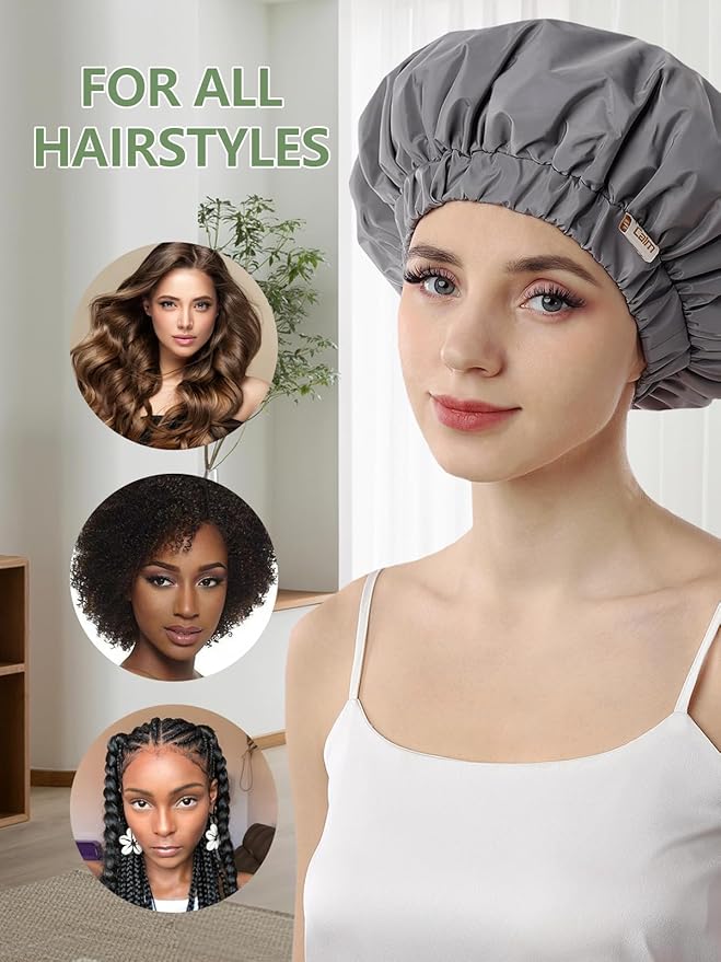 Years calm Reusable Waterproof Shower Caps for Women, Hair Caps for Showers, Double-Layer Elastic Design, for All Hairstyles, Travel-Friendly (grey)