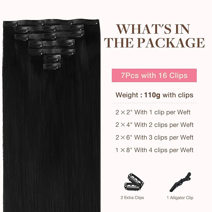 GOO GOO Clip in Hair Extensions Real Human Hair, Remy Human Hair Extensions Clip ins for Women, Natural Human Hair, 20inch 130g 7Pcs, #1 Jet Black