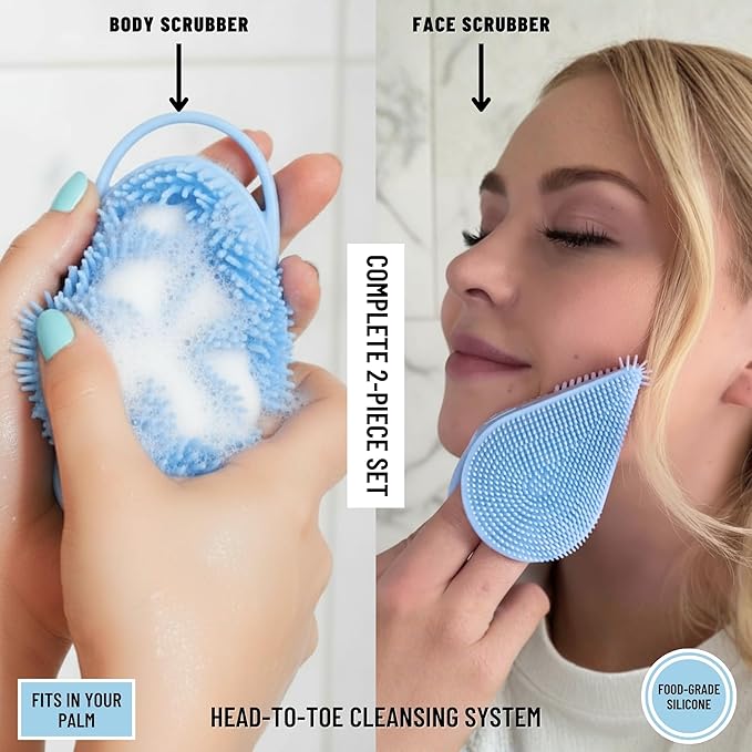 Body Face Scrubber Set Silicone - 2 Pack Shower Brush Facial Cleansing Kit - Avilana Bath Loofah Alternative Complete Skincare System Dual Sided - Gift Set Women Men