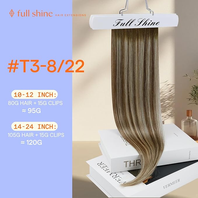 Full Shine Clip in Hair Extensions Balayage Invisible Hair Extensions Human Hair Balayage Medium Brown to Ash Brown Mix Light Blonde Double Weft Human Hair Clip in Extensions 18 Inch 7 Pcs 120 G