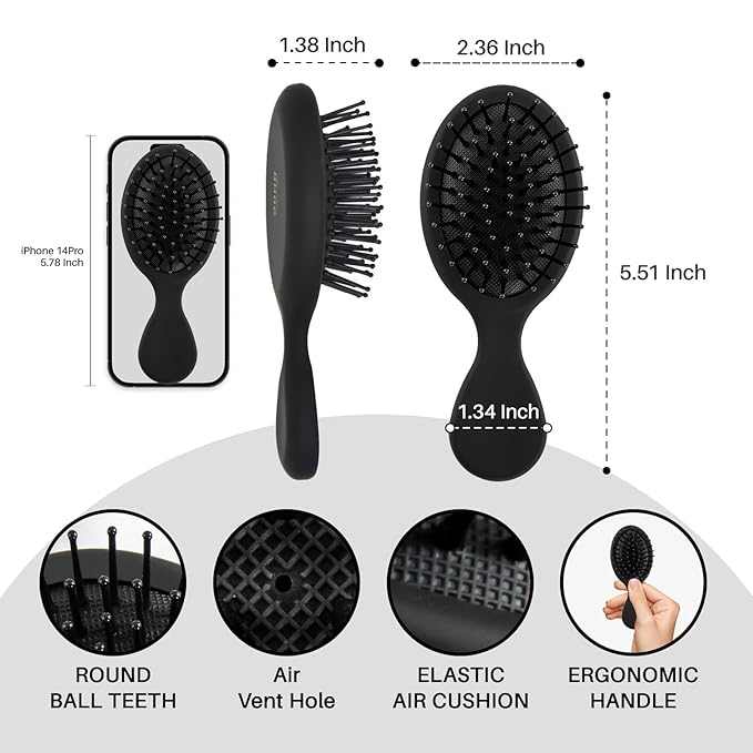 RHOS Mini Hair Brush for Women,Men and Kids-Travel Size Hair Brush for Purse,Pocket,backpack-Small Cushion Paddle Brush with Soft Bristles-Mini Detangler Brush for All Hair Types(1 Pack-Black)
