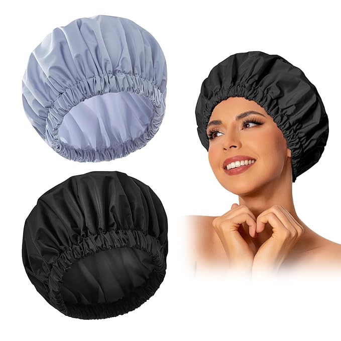 Reusable Shower Cap for Women, Large Waterproof Shower Bonnet Washable Elastic Band Bath Accessories Hair Hat for Long Hair, Braids(Black&Gray)