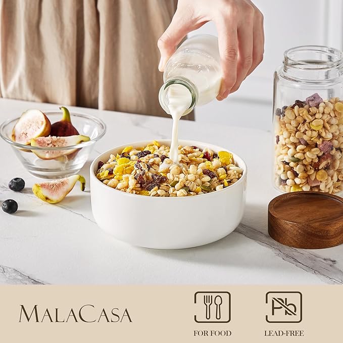 MALACASA 24 OZ Cereal Bowls, Porcelain Soup Oatmeal Bowls Set of 6, Kitchen Ceramic Serving Bowl, Dishwasher Microwave Oven Safe, White, Series LUNA