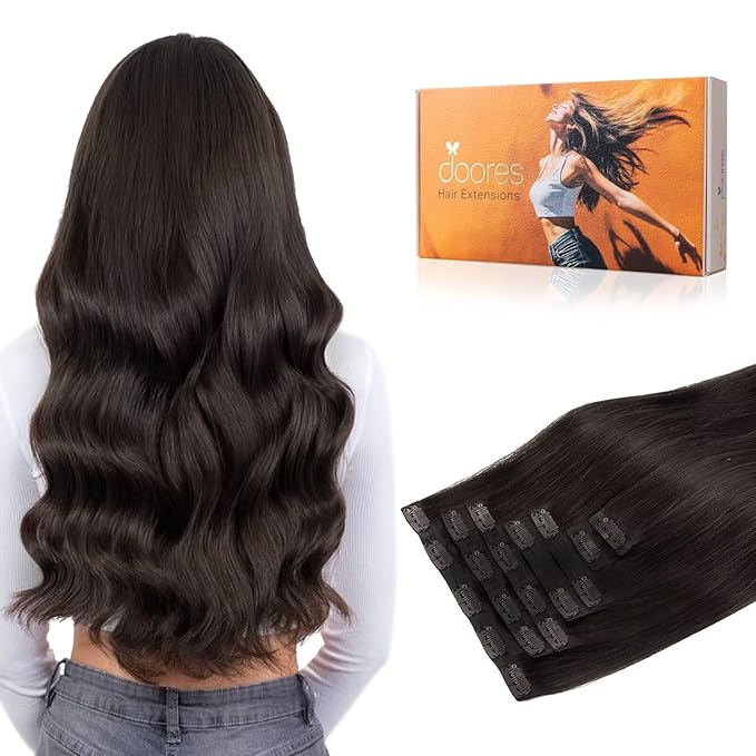 DOORES Invisible Edge Clip in Hair Extensions, Dark Brown 130g 9pcs 14 Inch, Clip in Extensions Virgin Weft for Women Silky Straight Weft