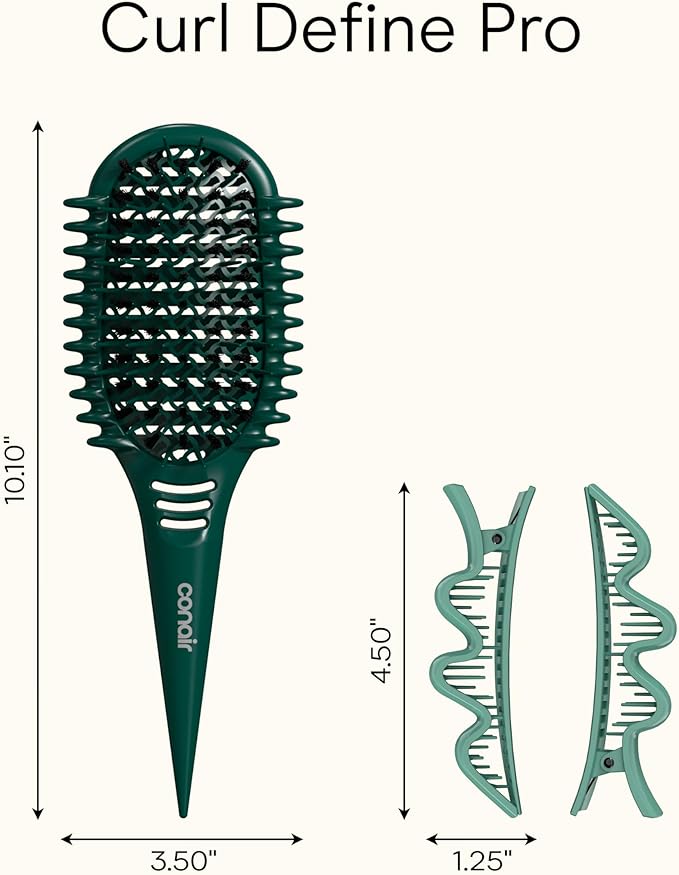 Conair Curl Define Pro Hair Brush for Curly Hairbrush with Sectioning Clips, Dual-Vent Design with Continuous Grooves, Mixed Bristles for Frizz-Free Detangling, Smoothing, and Curl Definition