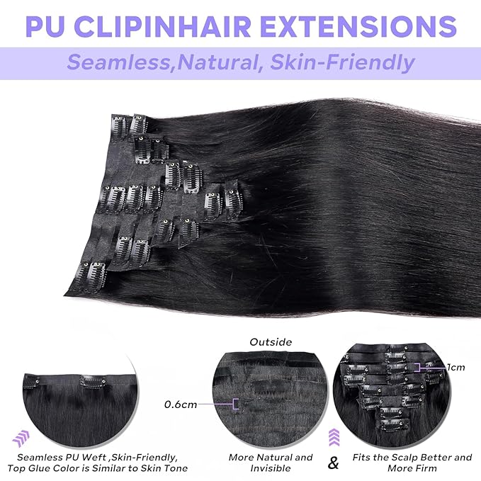 Seamless Clip in Hair Extensions Real Human Hair Straight Remy Human Hair Clip in Extensions for Women, Natural Soft Silk Human Hair PU Thin Weft 8Pcs 120g 16inch #1B Natural Black
