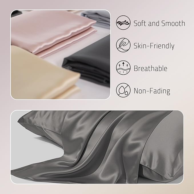 Mulberry Silk Pillowcase for Hair and Skin Prevent Acne Both Sides Real Silk Pillowcases Organic Silk Pillow Cases with Hidden Zipper, Grey, Standard (20"×26")