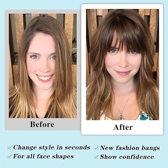 NAYOO Bangs Hair Clip - Dark Brown French Bangs 100% Real Human Hair Extensions French Bangs for Women Fringe with Temples Hairpieces Curved Bangs for Daily Wear