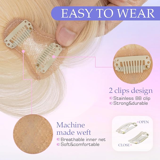 Hairro Bangs Hair Clip 3D 360°Cover Clip On Bangs Remy Human Hair Topper With Bangs Fringe French Bangs With Temples Clip In Bangs Hair Extensions 8 Inches 10g #60 Platinum Blonde
