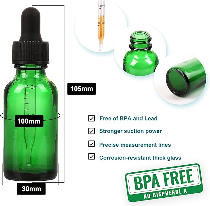 48 Pack,1oz Glass Dropper Bottle,Green Tincture Bottles with Dropper,Pretty Finish for All Kinds of Liquids,Oil Bottles for Hair- Stronger Suction ideal for Leakproof Travel