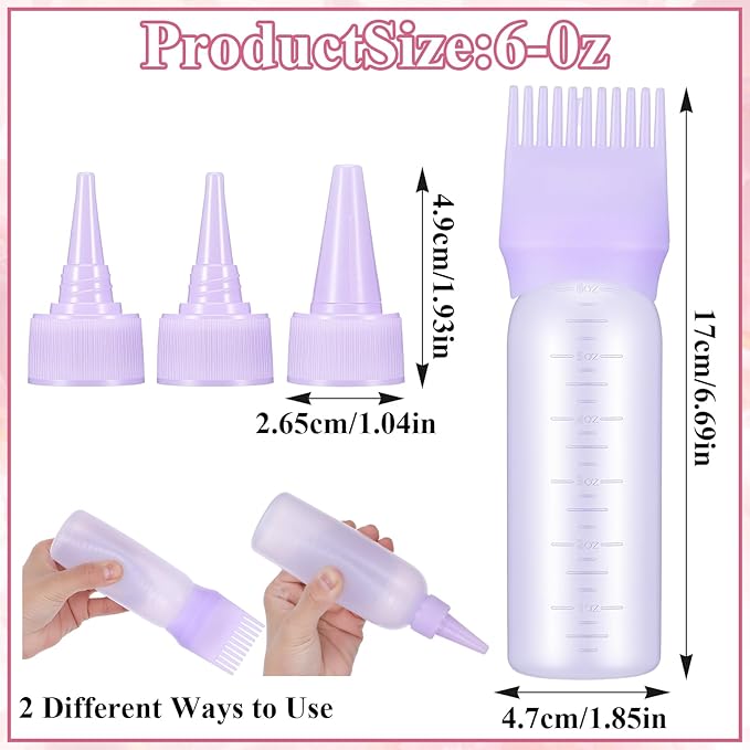 Hair Oil Applicator Bottle Hair Dye Brush Hairs Oil Bottle Root Comb 6 Ounce Reusable Hairs Oiling Color Tools with Graduated Scale and 3pcs Pointed Mouth Cover for Scalp Women Men
