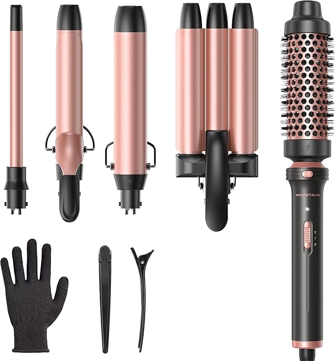 Wavytalk 5 in 1 Curling Wand Set, Dual Voltage Curling Iron Set with 5 Interchangeable Barrels Included A Thermal Brush, A Hair Crimper and 3 Ceramic Curling Wands(0.5"-1.25"), Rose Pink