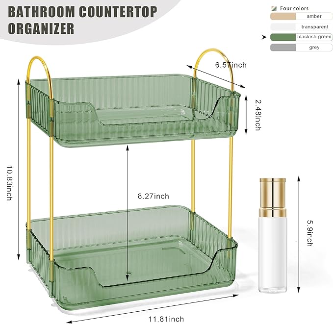 Bathroom Counter Organizer Countertop Storage Skincare Countertop Makeup Organizer Cosmetics Skincare Organizers Holder for Perfume-Green-golden pole