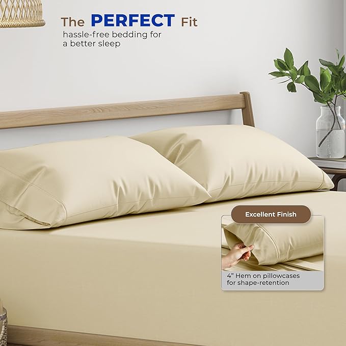 THREAD SPREAD 100% Egyptian Cotton Pillow Cases King - 1000 Thread Count Pillow Cases King Size Set of 2, Soft Cooling & Breathable Extra Long Staple Sateen Weave Cotton Pillow Covers for Bed - Sand