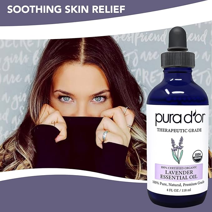 PURA D'OR Organic Lavender Essential Oil (4oz with Glass Dropper) 100% Pure & Natural Therapeutic Grade for Hair, Body, Skin, Aromatherapy Diffuser, Relaxation, Meditation, Massage, Home, DIY Soap