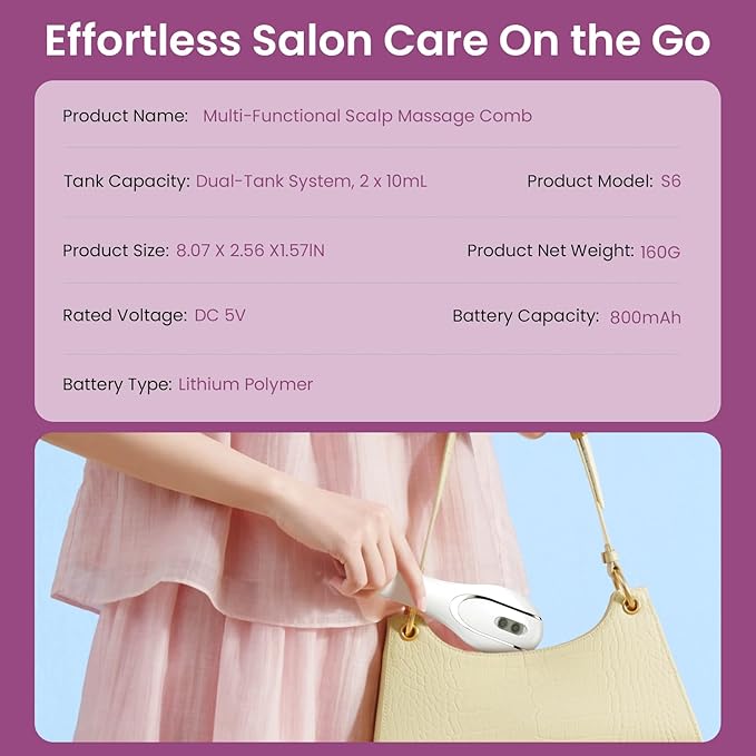 6-in-1 Rechargeable Scalp Massager Hair Growth Oil Applicator, Nano Mist, Electric Scalp Vibration Brush for Home Spa, Effortless Detangling & Relaxation Head Massage Tool for All Hair Types