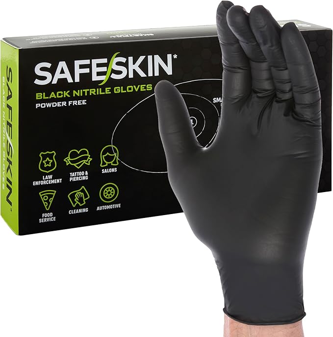 SAFESKIN Black Nitrile Disposable Gloves Powder Free Latex Free Tattoo, Food Prep, 3.5 mil