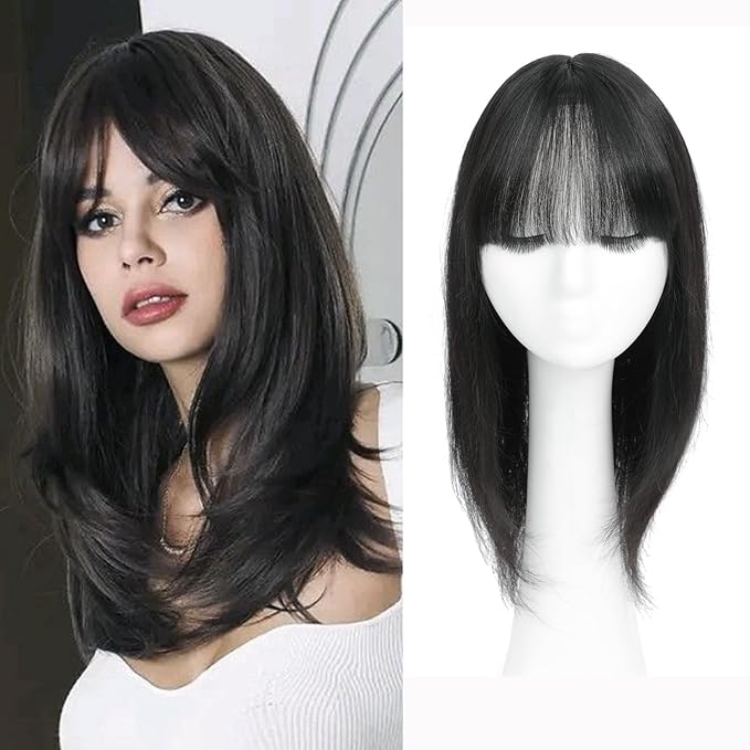 YAMI Hair Toppers for Women 8x9inch Skin Scalp Hair Topper with Bangs 15 Inch HairPieces for Women with Hairloss (Natural Black)