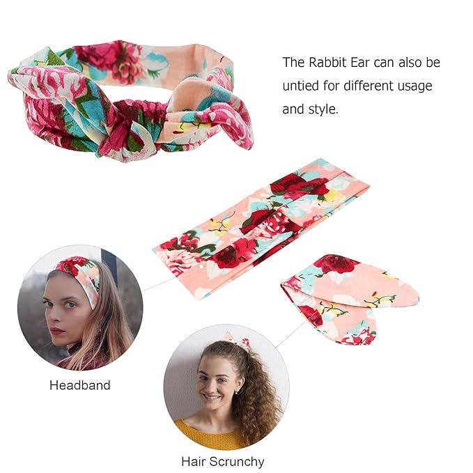 DRESHOW Boho Bow Headbands for Women Vintage Flower Printed Yoga Hairband Elastic Rabbit Ear Head Wrap 6 Pack