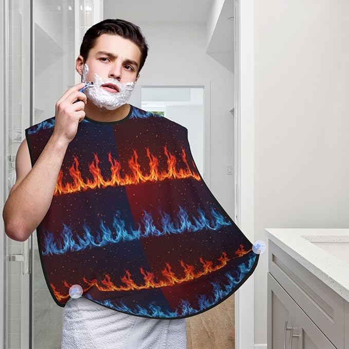 Stretchable Beard Cape, Non-Stick Hair Catcher for Trimming, Waterproof Grooming Apron, Red Blue Fire Flame