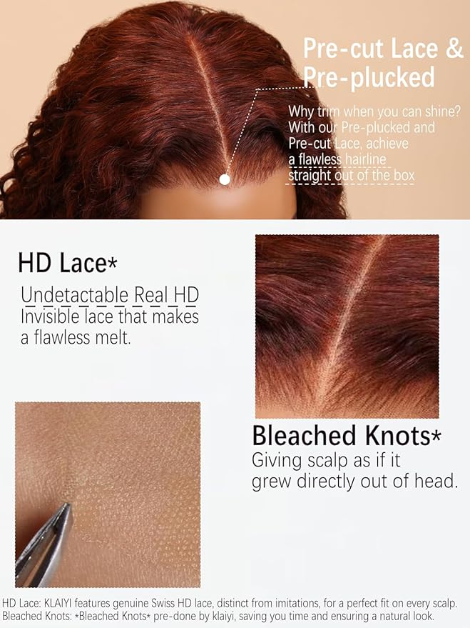 KLAIYI Bye Bye Knots Glueless Wig Reddish Brown Body Wave 7x5 Pre Cut HD Lace Front Wigs Human Hair Put On And Go Wig Pre Bleached Pre Plucked with Baby Hair 30S Ready To Wear 150% Density Full 20Inch